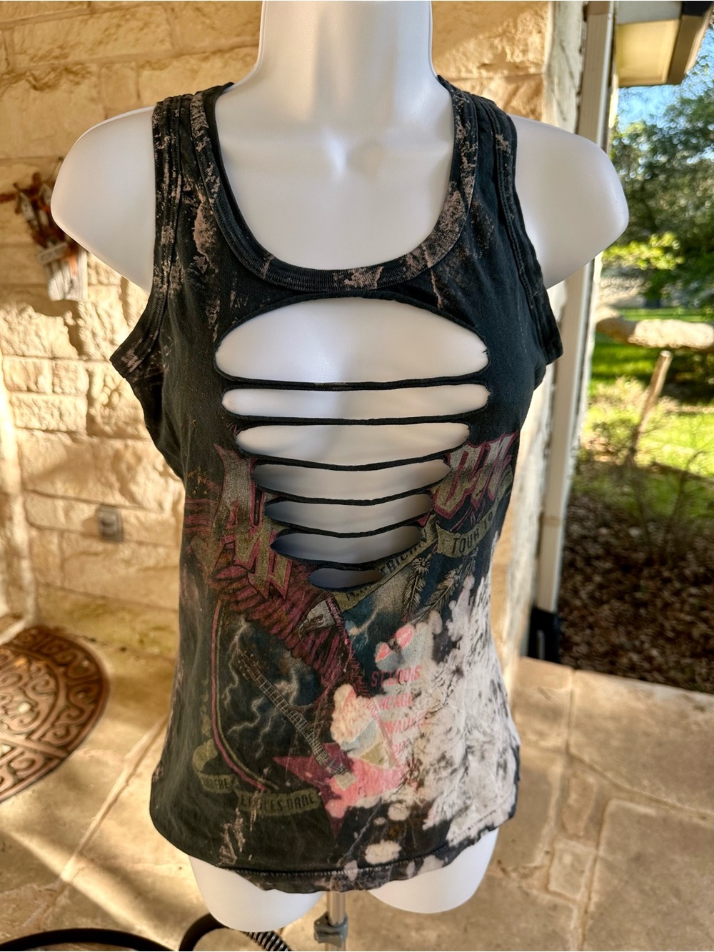 Where Eagles Dare Affliction Black Bleached Graphic Cutout Tank